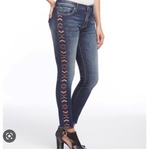 Driftwood Jeans Womens 28 Jackie Blue Skinny Embroidered Aztec Distressed Boho
